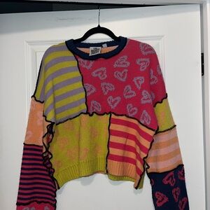 The Ragged Priest Multicolor Patchwork Heart Crewneck Sweater
